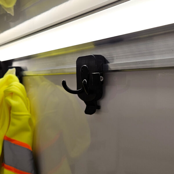 Coat hook is convenient to hook anywhere on the CORE rail. Easily accessible to hang your gear up and away for an organized and clean workspace.